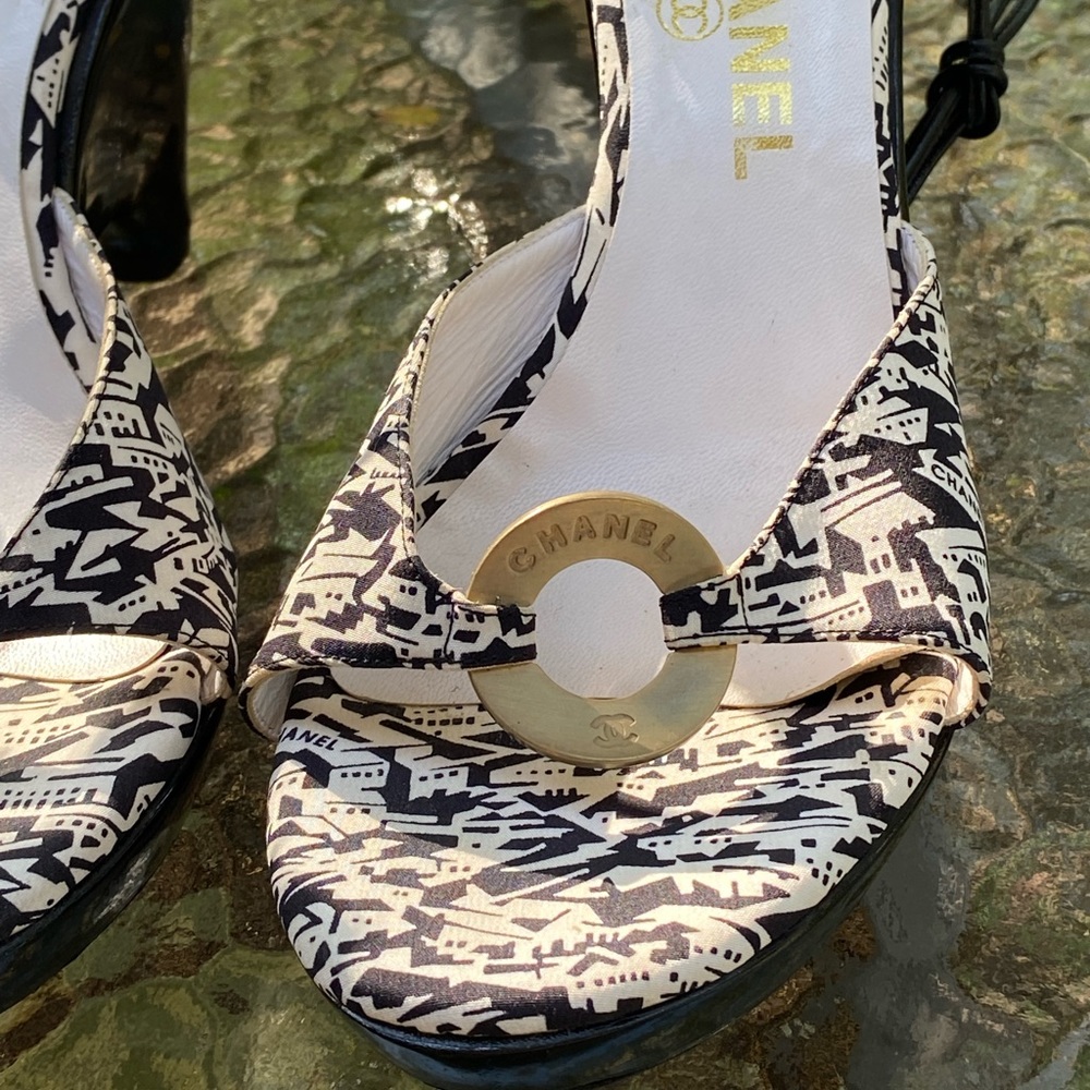 Chanel Vintage Black & White Logo Wedge Strappy Heels - Picture 4 of 16